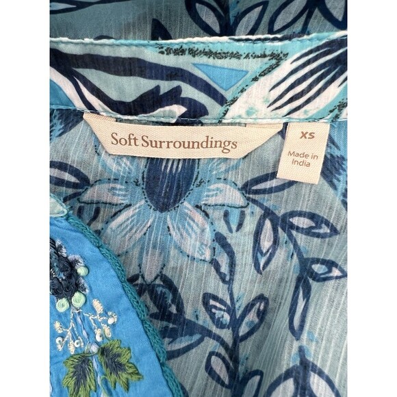 Soft Surroundings Oasis Tunic Embroidered Floral Blouse Blue Sheer XSMALL EUC - Picture 11 of 14